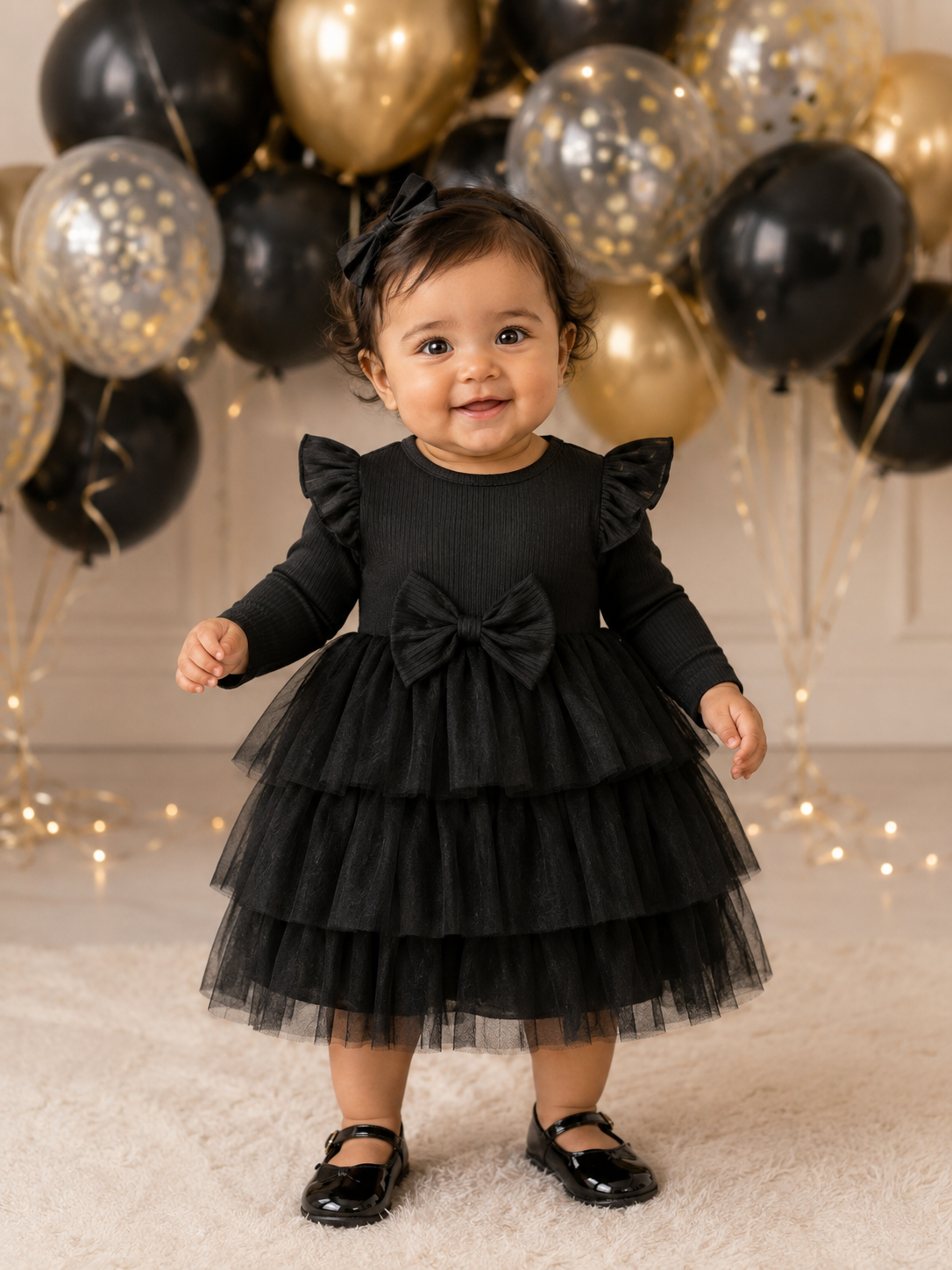 Baby 3 Layered Tulle Bow Dress Black