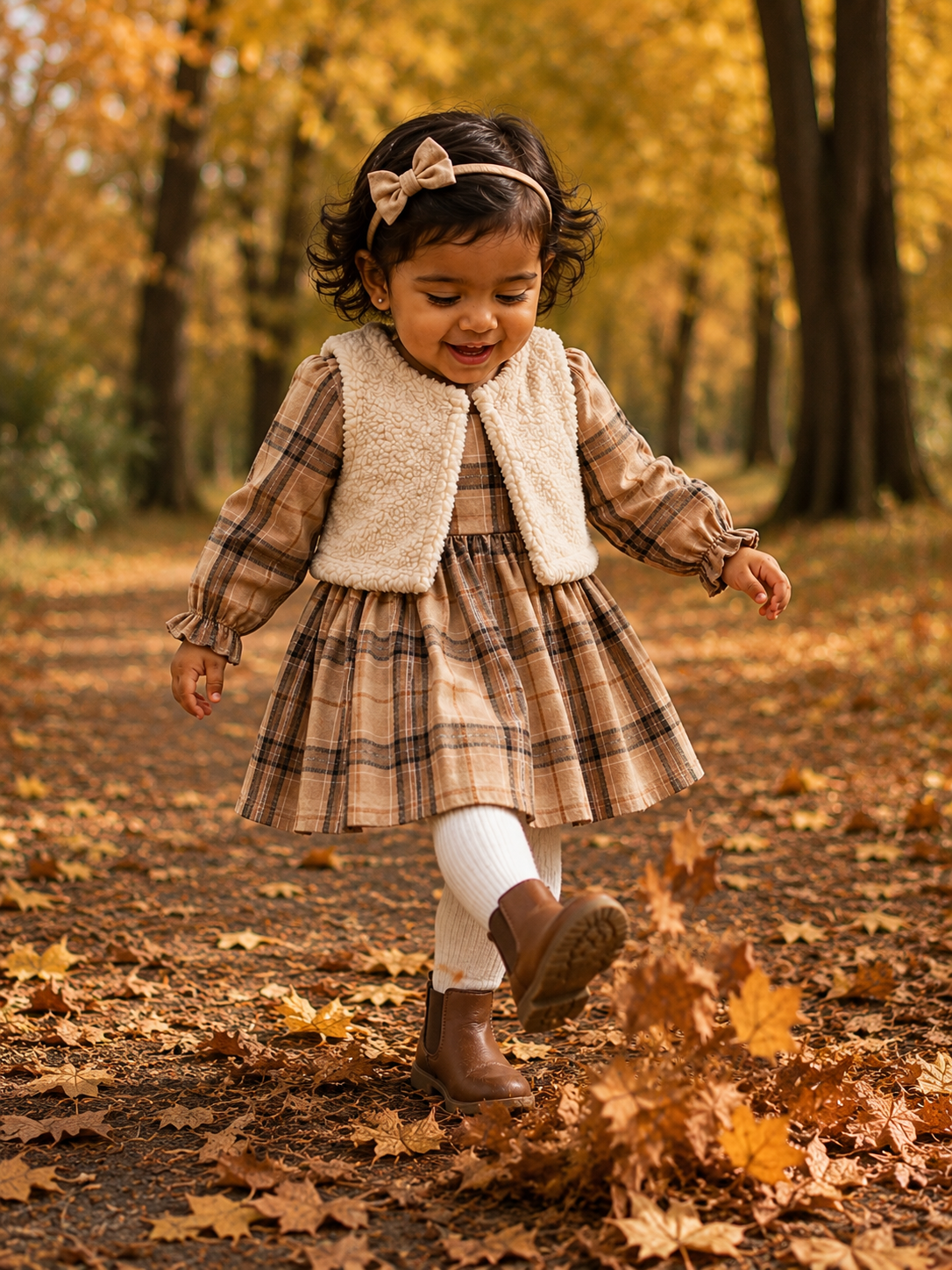 Baby Vintage Plaid Dress With Faux Fur Vest