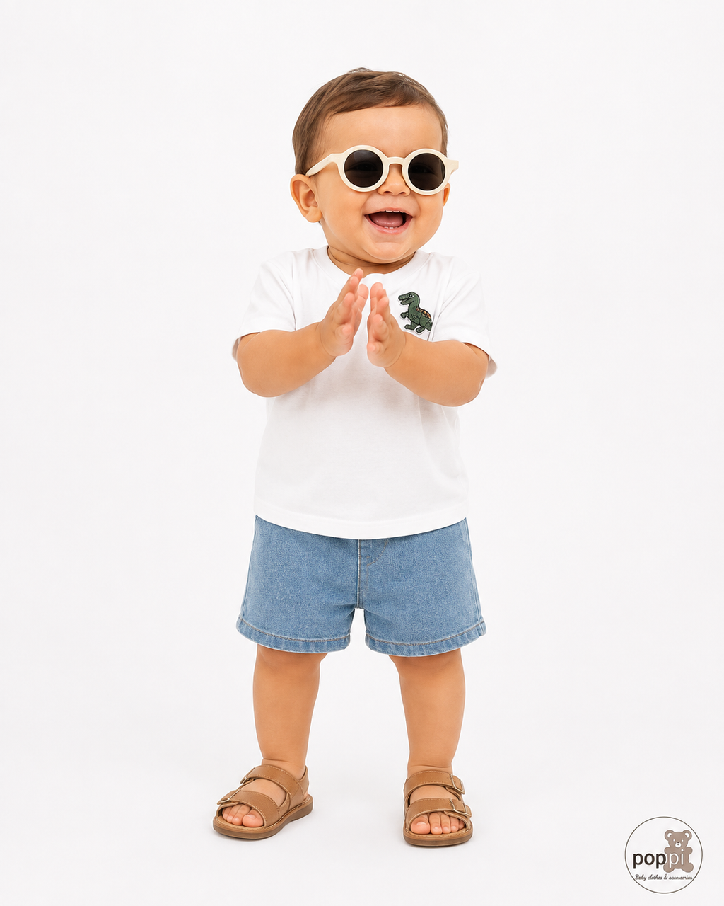 Baby White Dino Tee And Denim Shorts Set