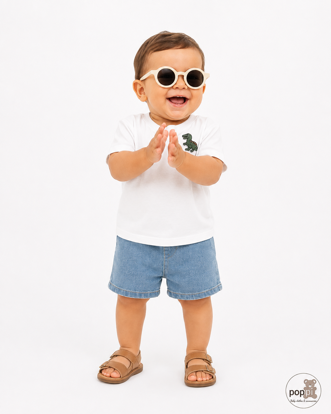 Baby White Dino Tee And Denim Shorts Set
