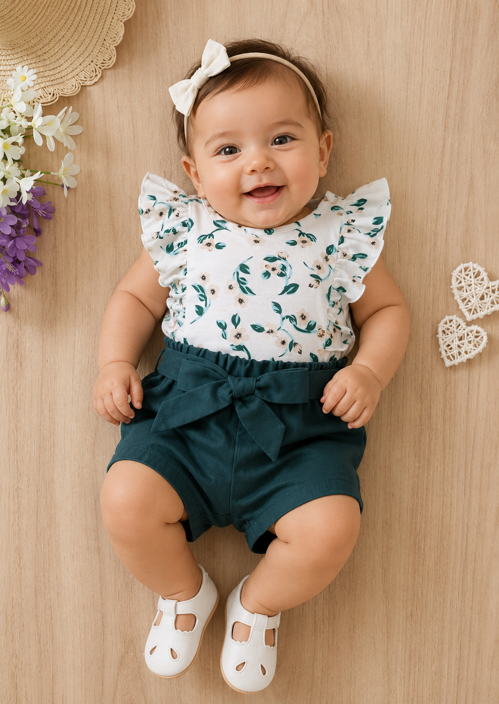 Baby Floral Print Tee And Green Shorts Set