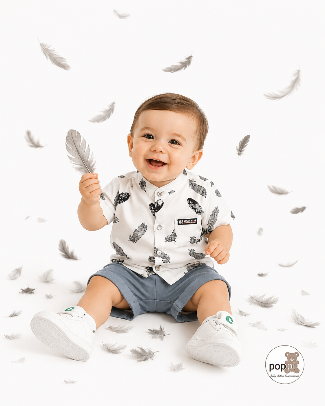 Baby Feather Print Shirt And Shorts Set