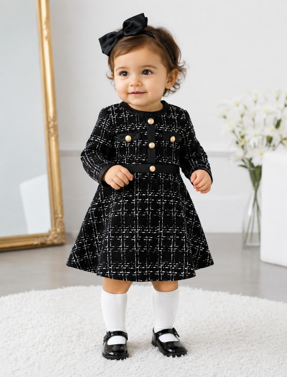 Baby Plaid Gold Button Long Sleeve Dress