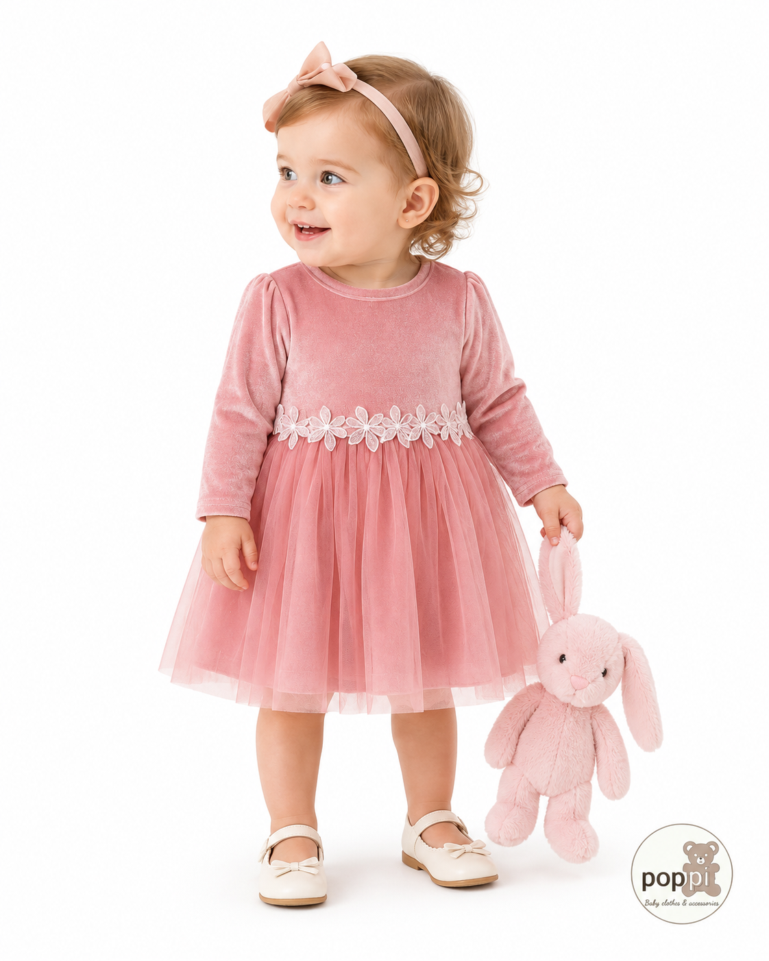 Baby Velvet Flower Waist Mesh Dress