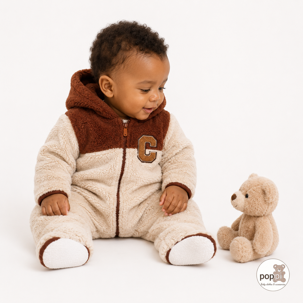 Baby Letter Print Hooded Fuzzy Jumpsuit