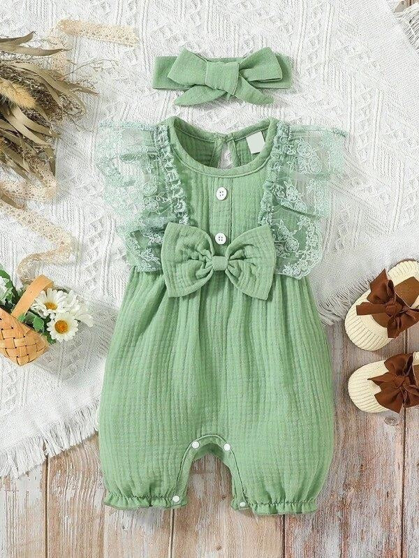 Lace Ruffle Trim Romper Green