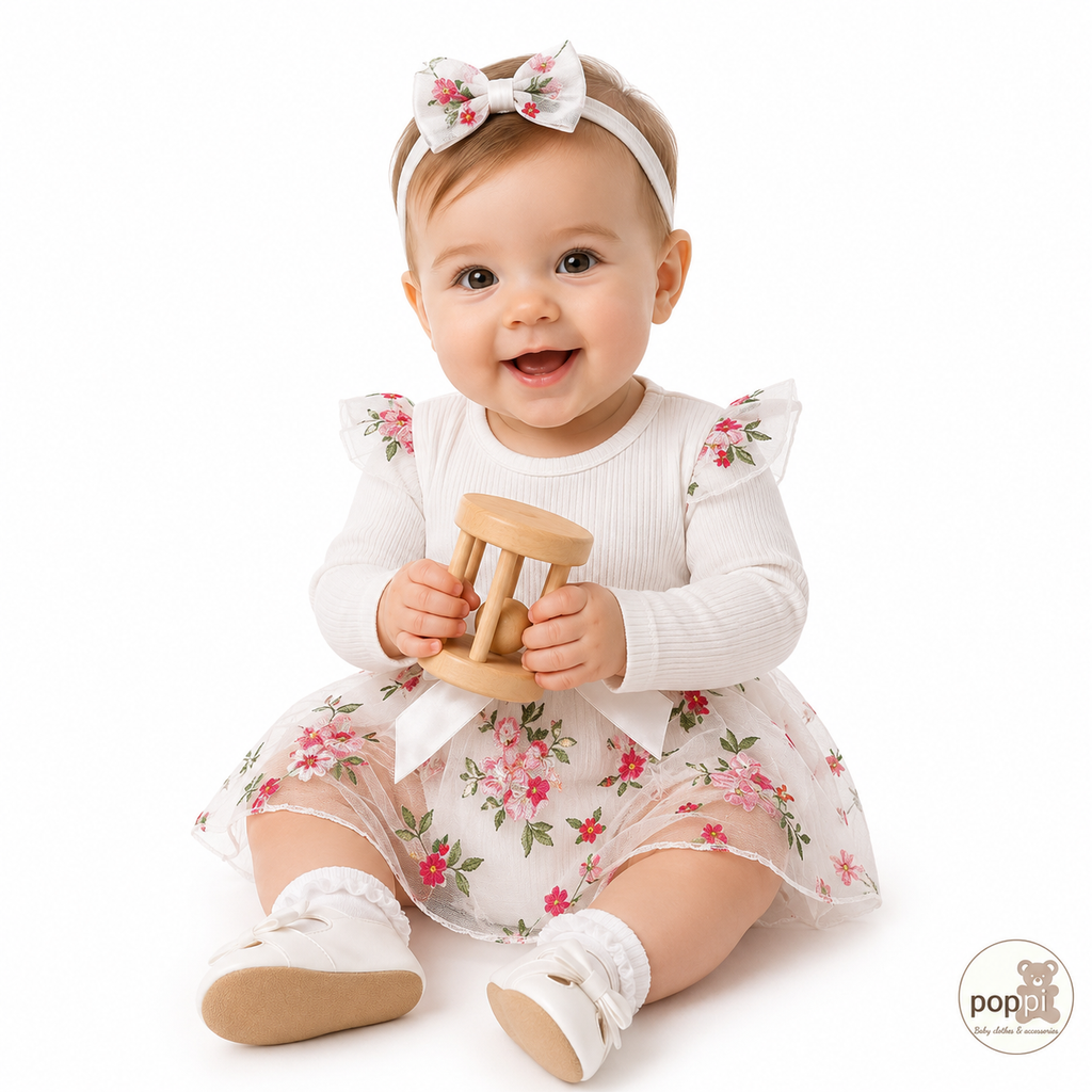 Baby Ribbed Embroidery Floral Mesh Bodysuit Dress