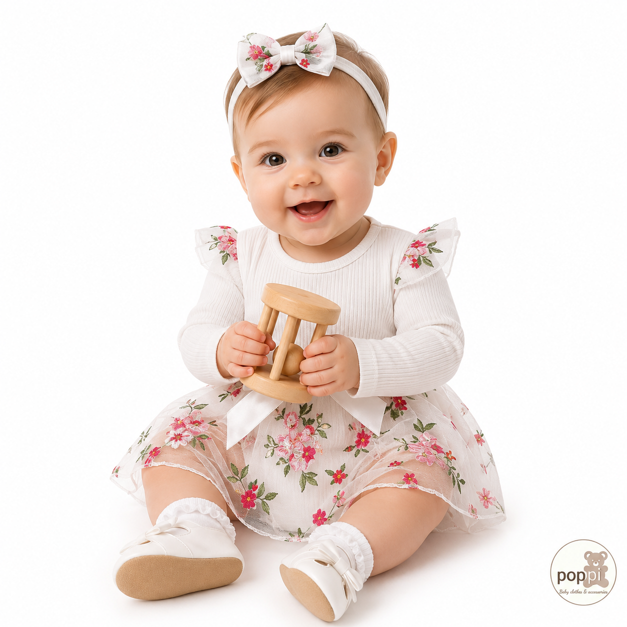 Baby Ribbed Embroidery Floral Mesh Bodysuit Dress