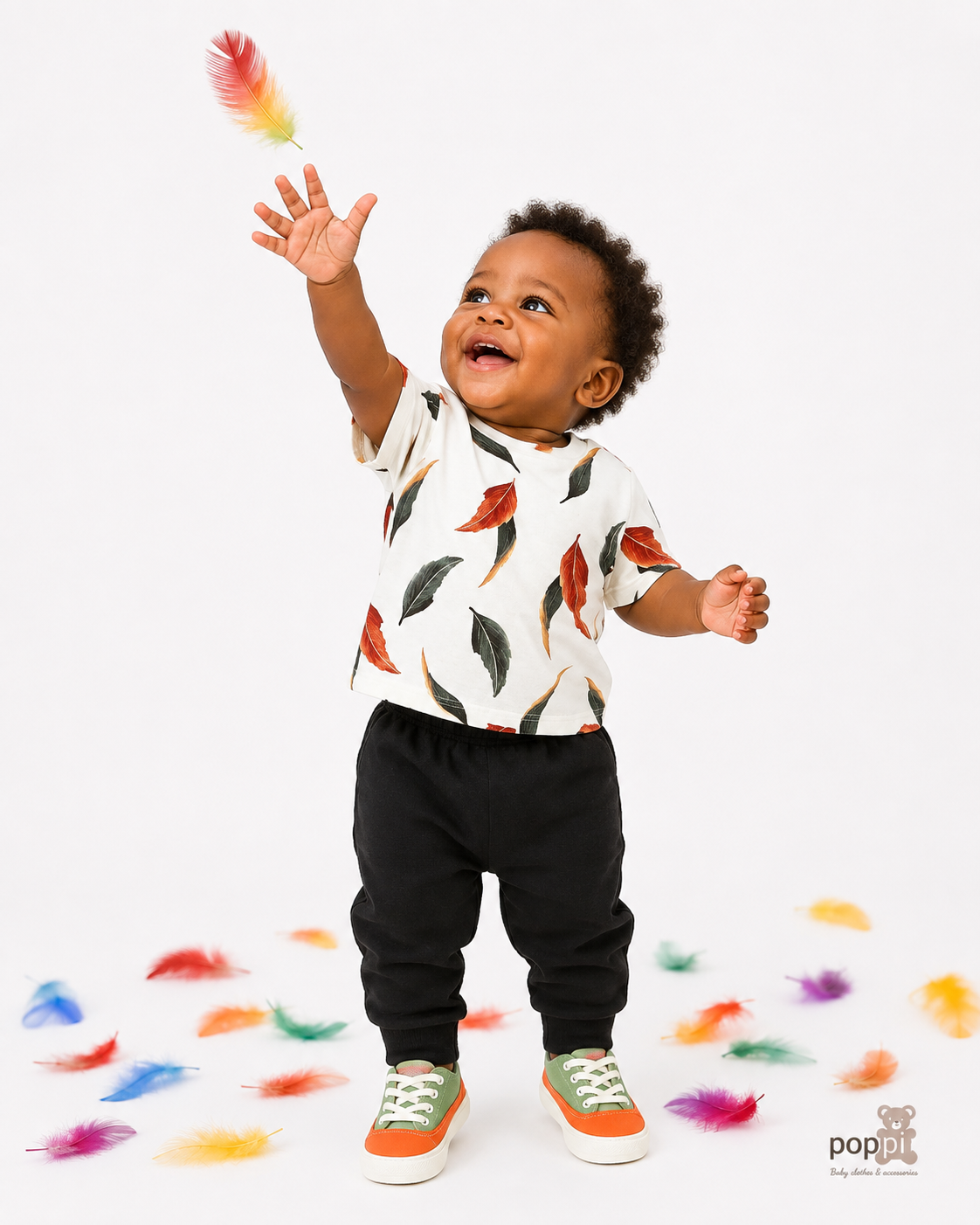 Baby leaf Print Tee and Pants Set Black