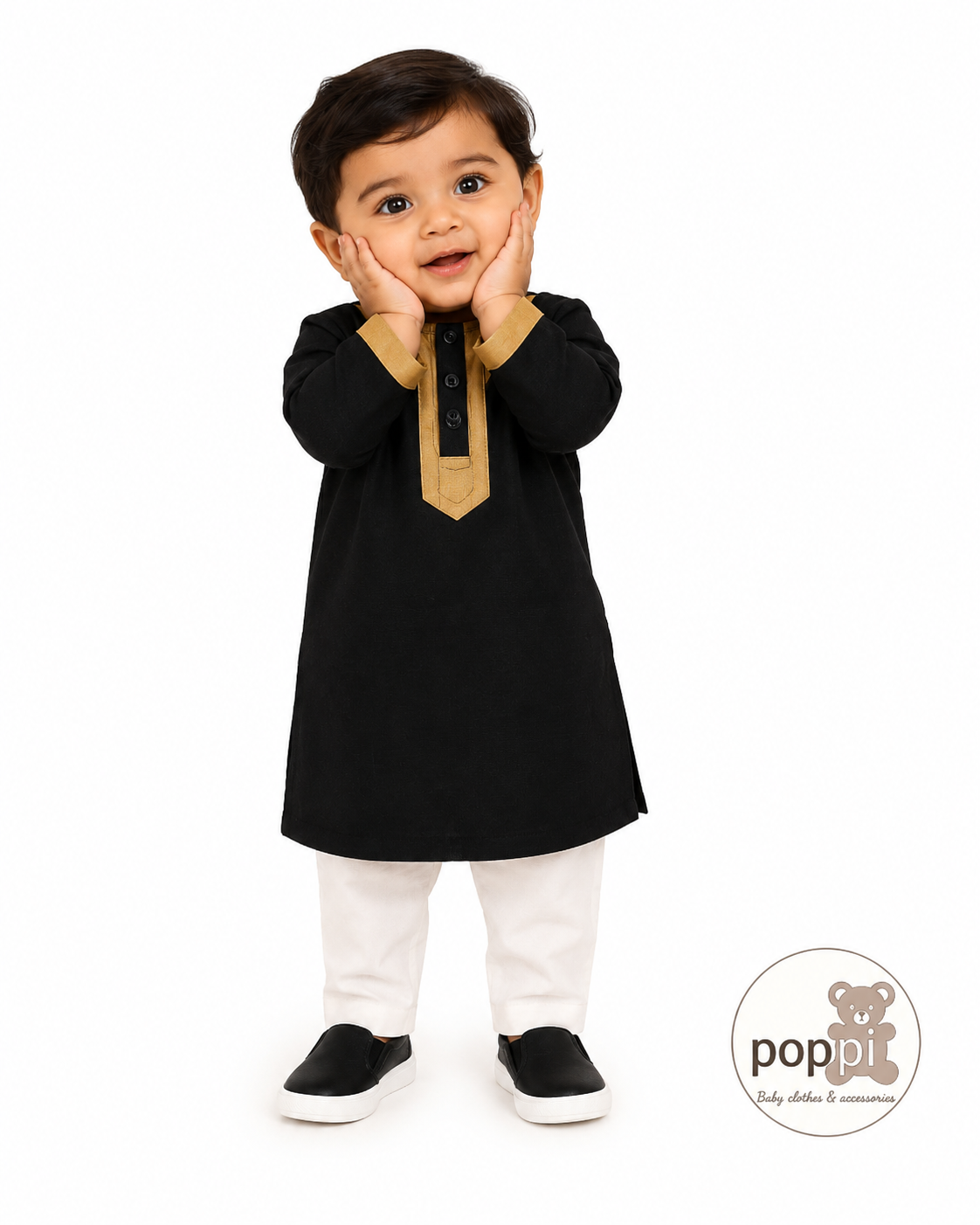 Baby Embroidery Pattern Long Top And Pants Set Black