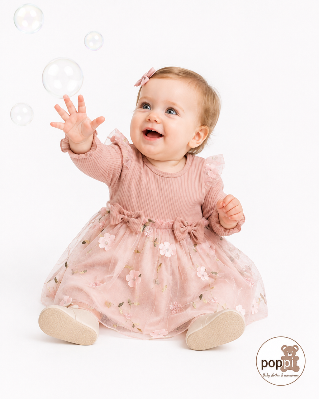 Baby Dusty Pink Embroidery Double Bow Dress
