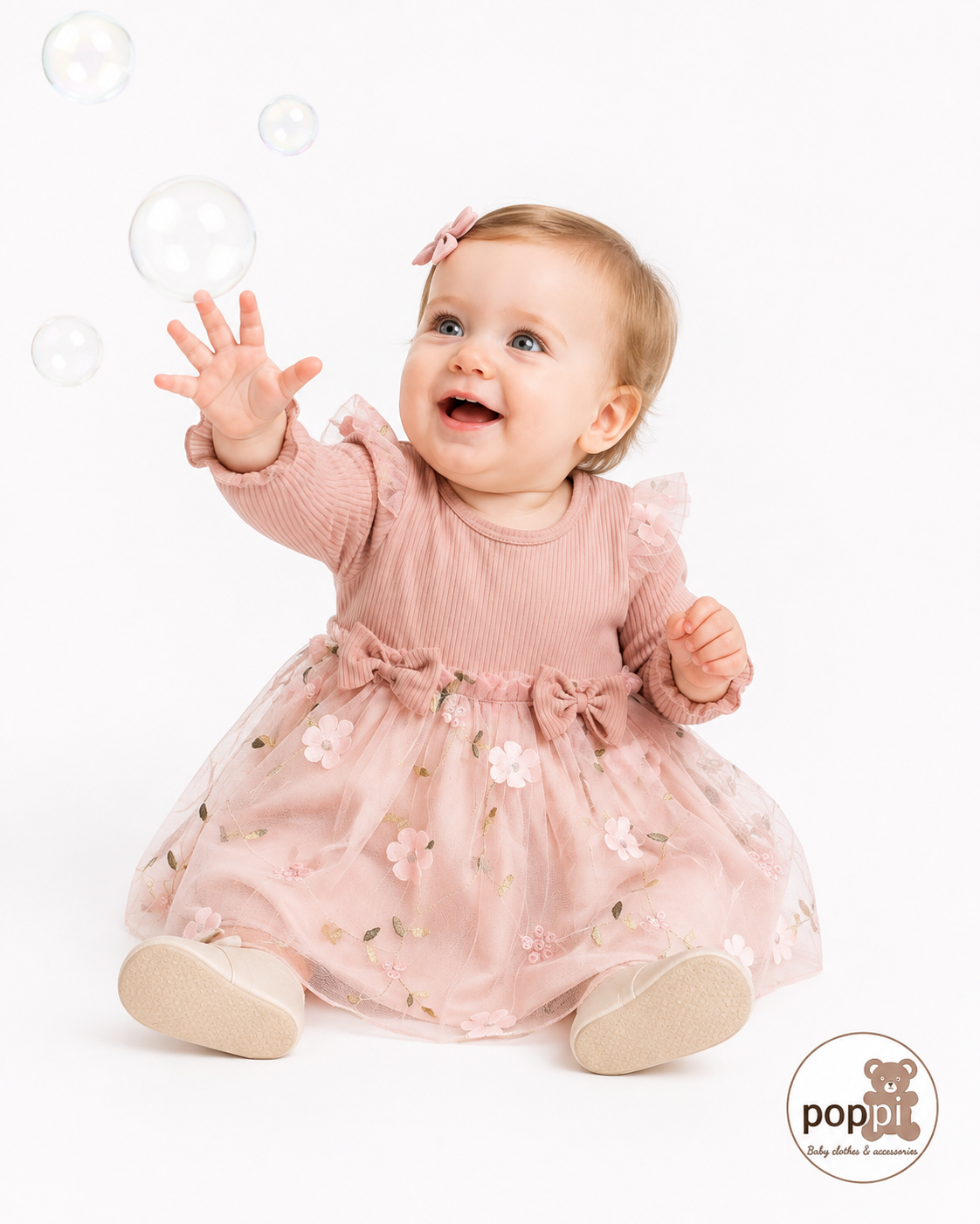 Baby Dusty Pink Embroidery Double Bow Dress