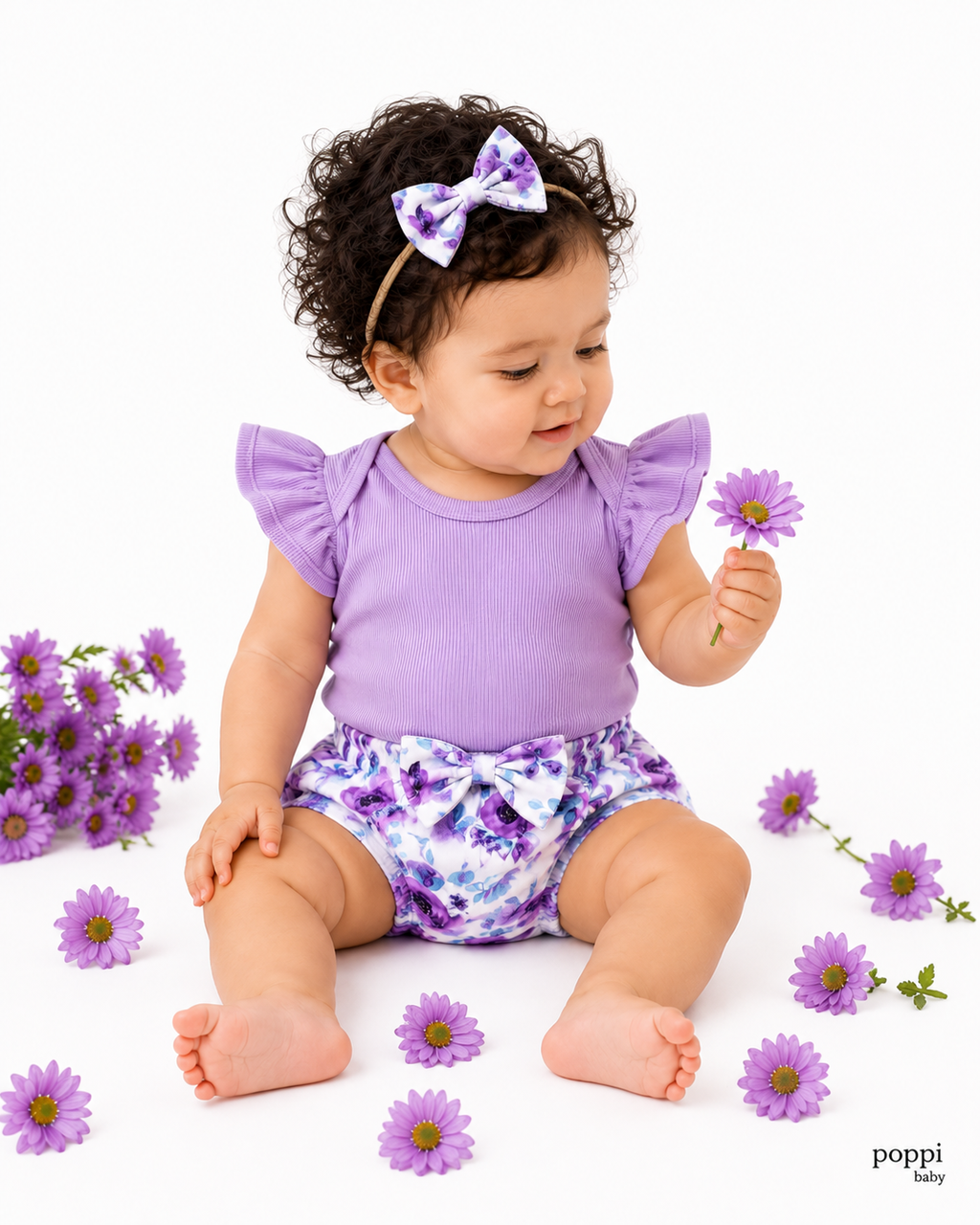 Baby Ribbed Ruffle bodysuit With Bow Shorts Set Purple
