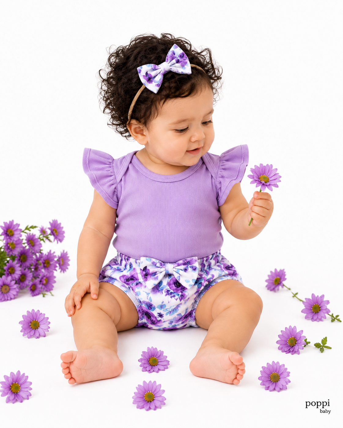 Baby Ribbed Ruffle bodysuit With Bow Shorts Set Purple