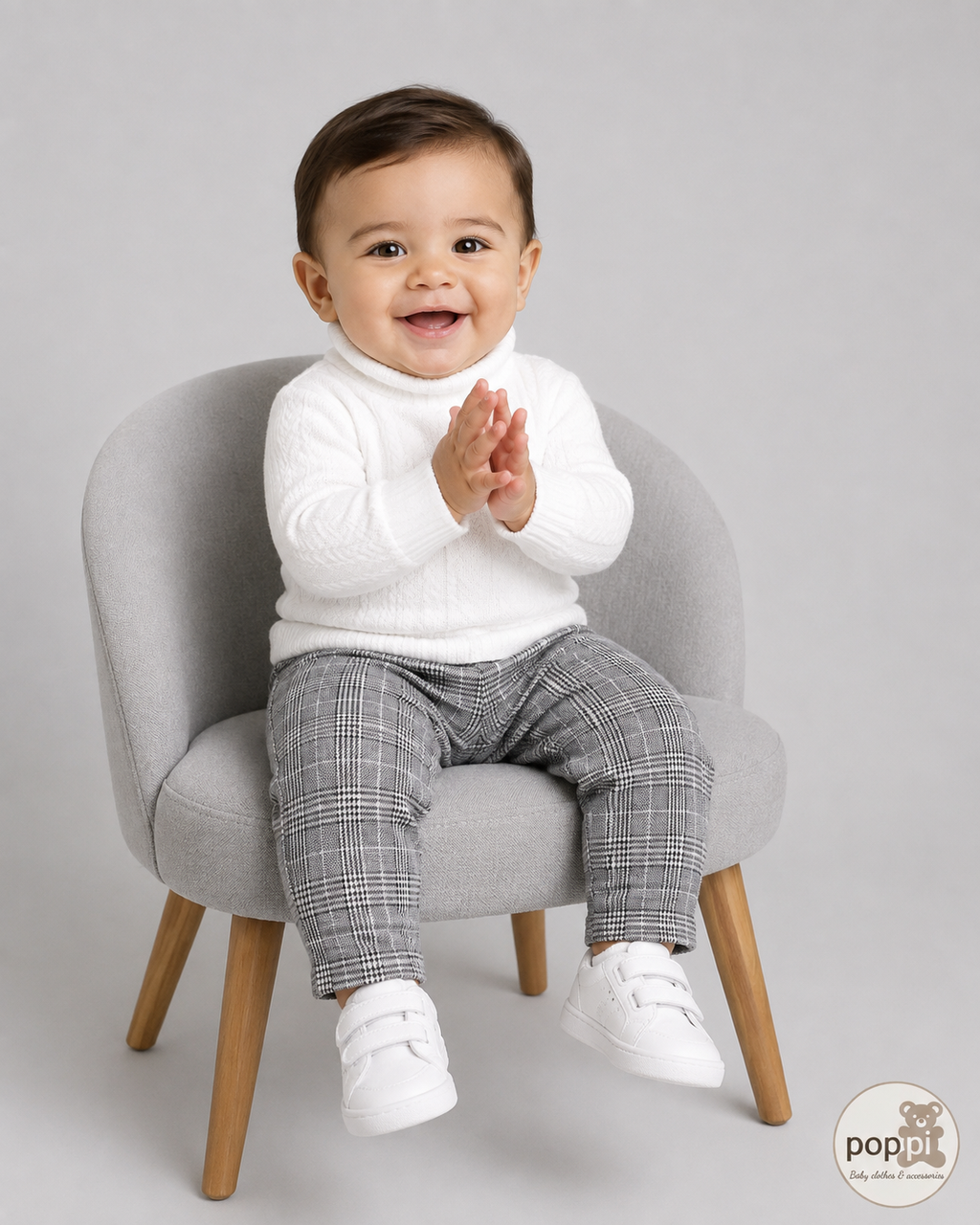 Baby Textured Turtleneck And Plaid Pants Set B/W