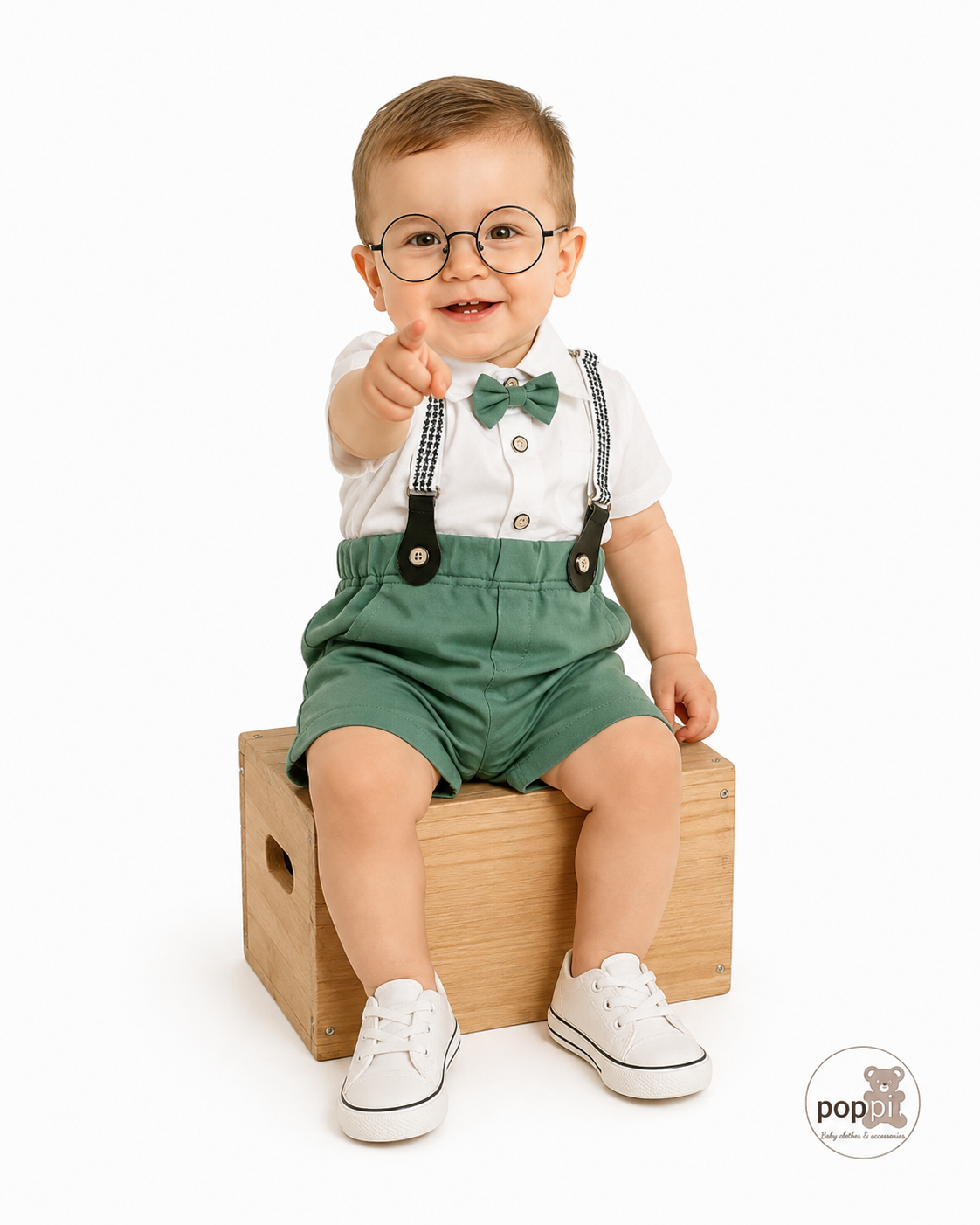 Baby 3 Piece Green Bow Tie Short Sleeve Suspender Set