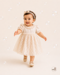 Baby Beige Frilled Neck Embroidery Dress