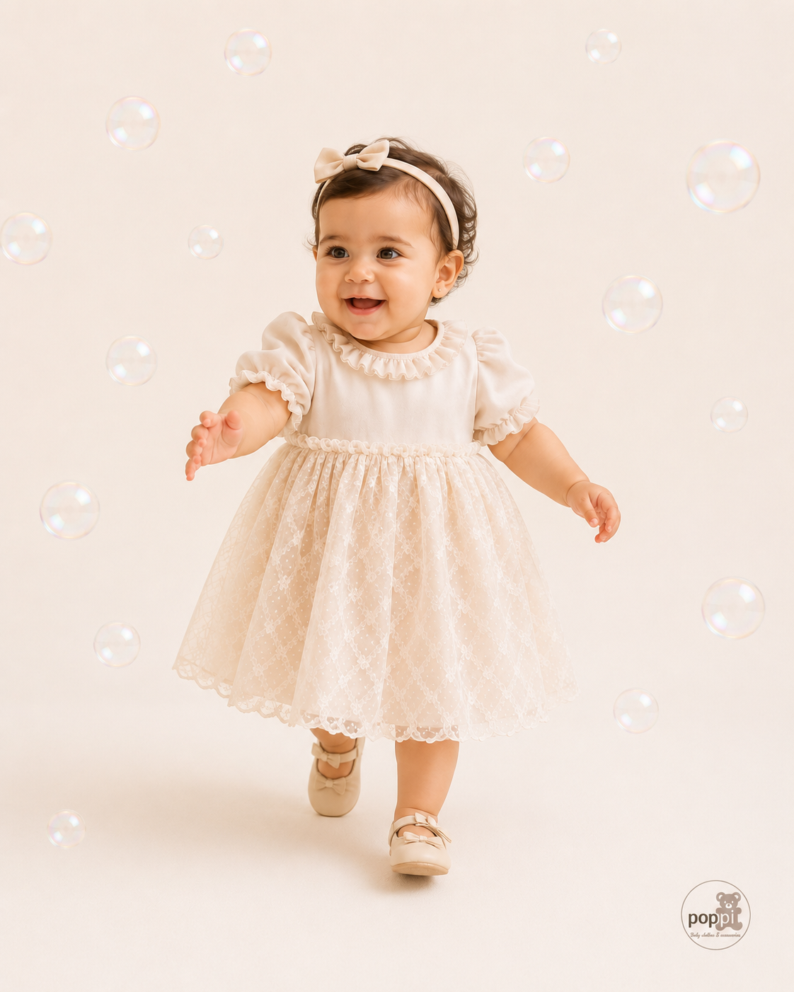 Baby Beige Frilled Neck Embroidery Dress