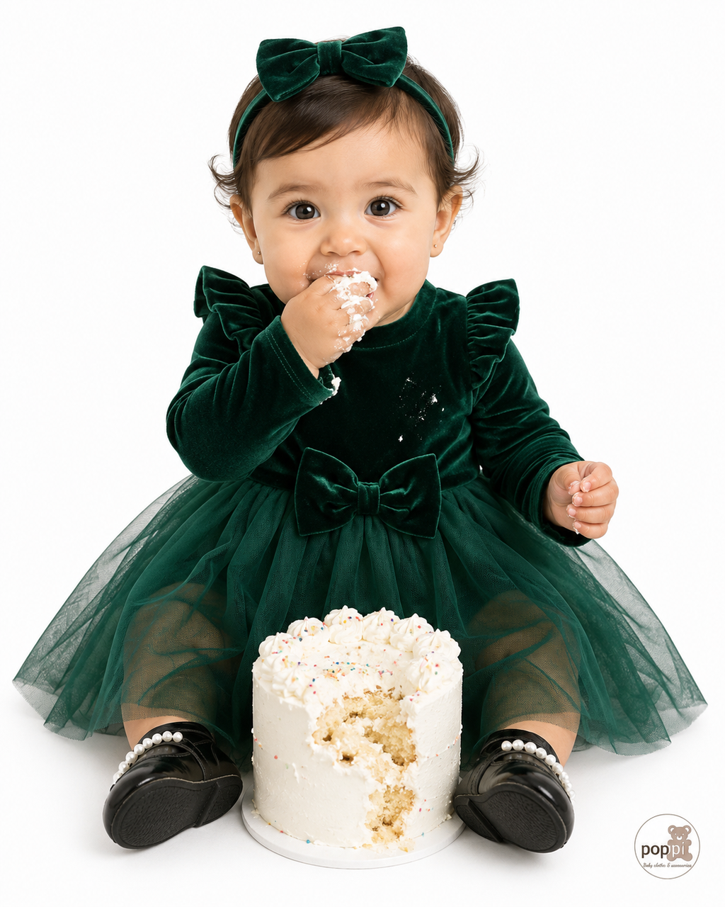 Baby Green Elegant Velvet Long Sleeve Tulle Dress