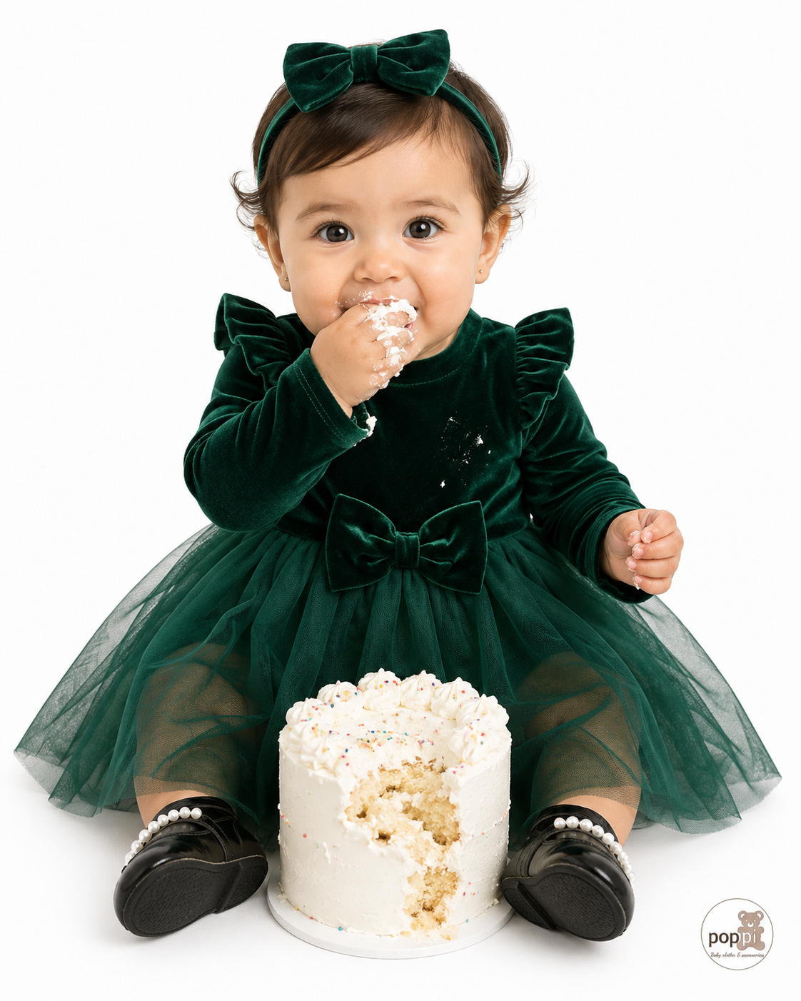 Baby Green Elegant Velvet Long Sleeve Tulle Dress