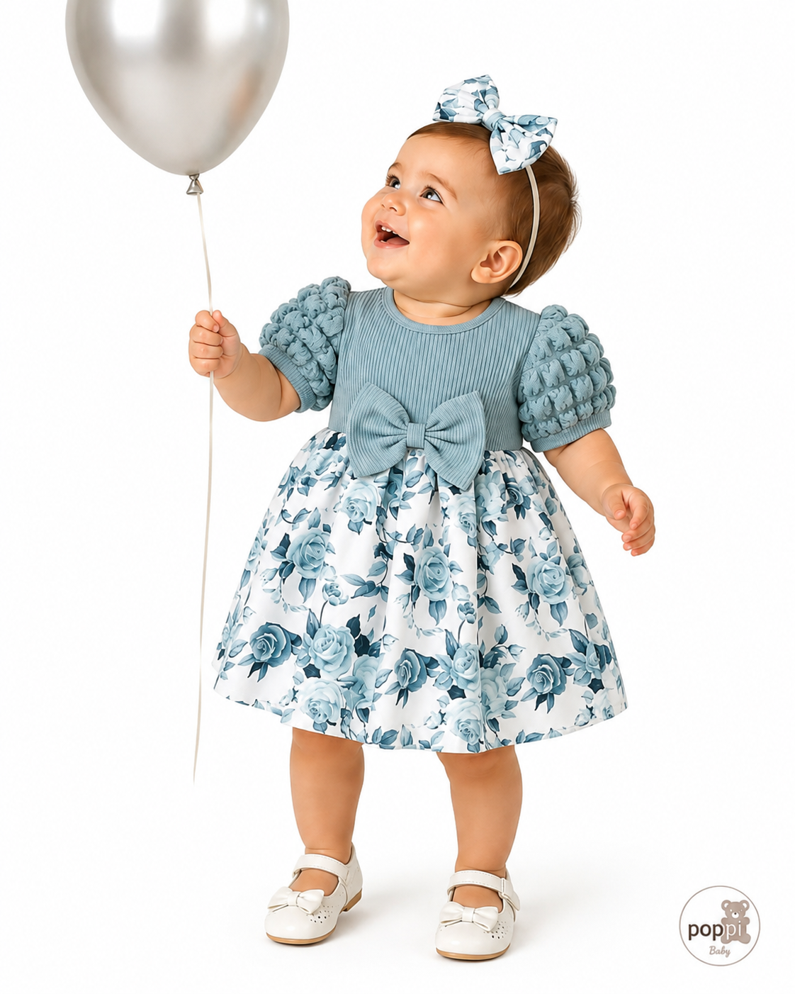 Baby Floral Print Puff Sleeve Blue Dress