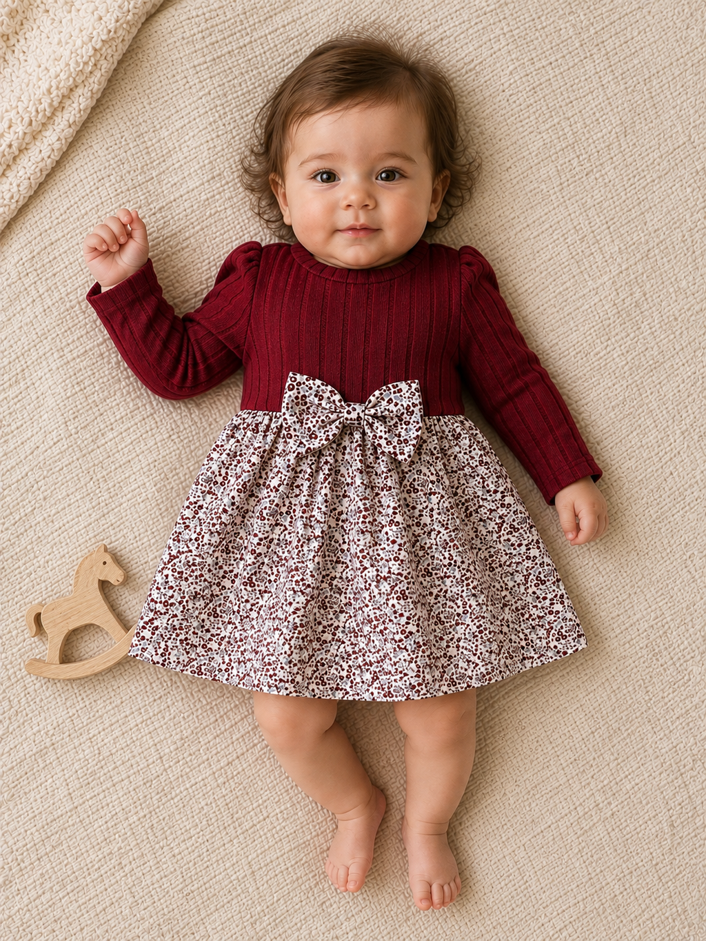 Baby Floral Pattern Ruffle Trim Bow Dress Burgundy