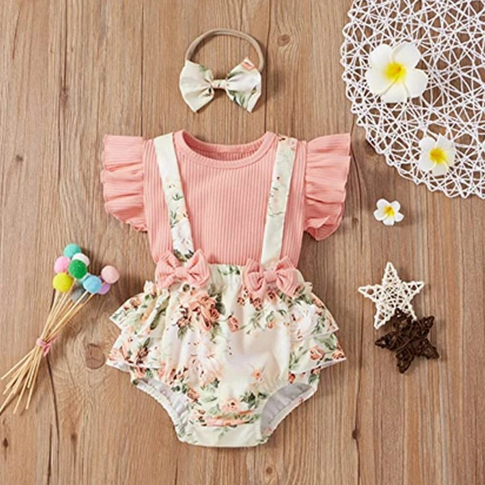 Baby Double Bow Floral Ruffle Bodysuit Dress With Headband