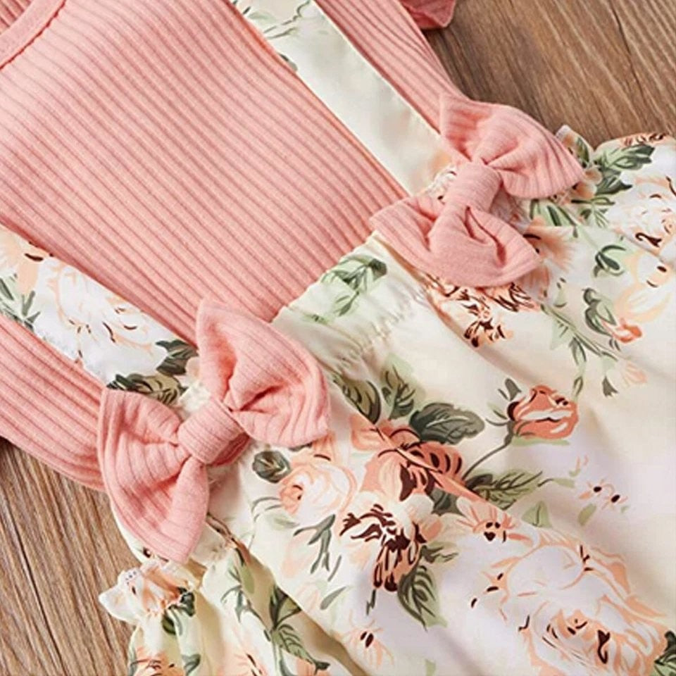 Baby Double Bow Floral Ruffle Bodysuit Dress With Headband