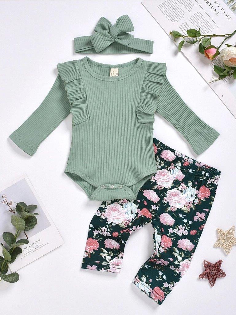 Poppi - Green Ruffle Bodysuit And Floral Pants Set