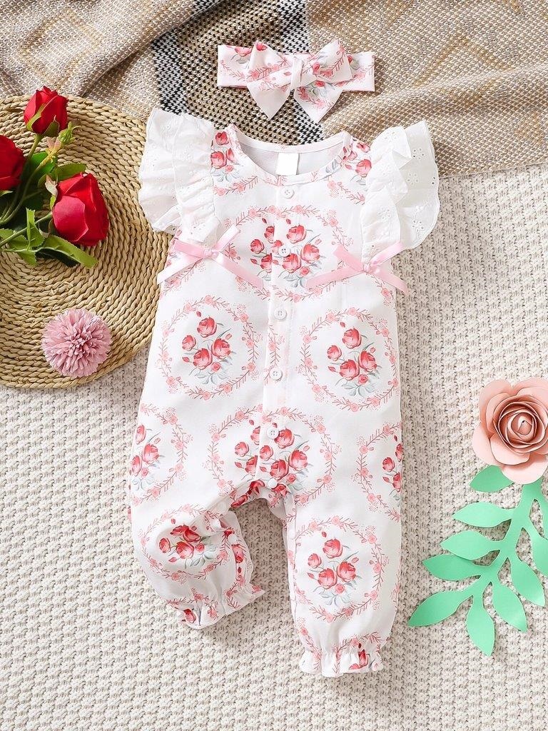 Poppi - Baby Floral Print Romper With Headband