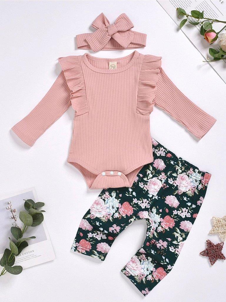 Poppi - Pink Ruffle Bodysuit And Floral Pants Set