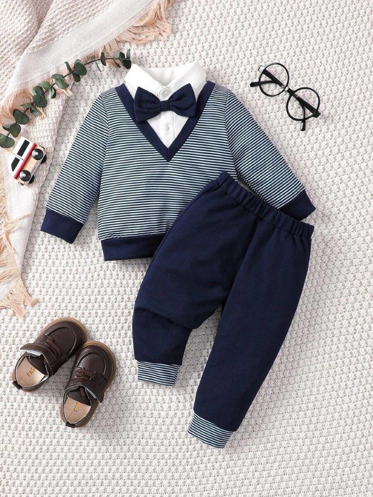 Poppi - Baby Stripe Bow Tie Pullover And Pants Set