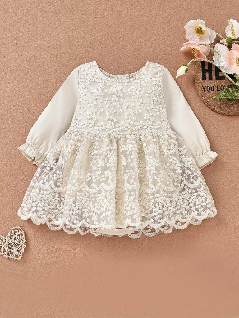 Poppi - Baby Beige Embroidery lace Bodysuit Dress