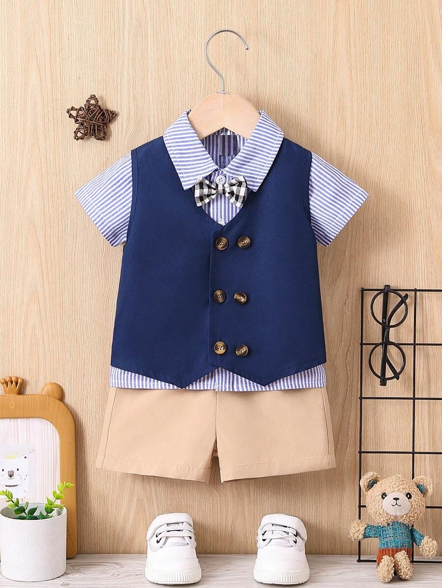 Poppi - Baby 3 Piece Stripe Bow Tie Shirt, Vest And Shorts Set