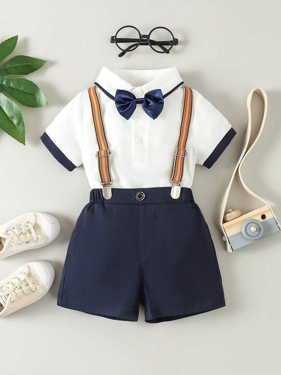 Poppi - Baby 3 Piece Silk Bow Tie Suspender Shorts Set