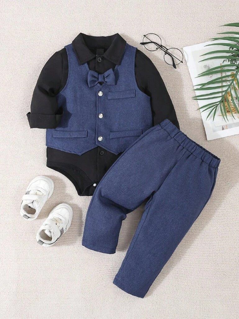 Poppi - Baby 3 Piece Bow Tie Bodysuit Vest And Pants Set